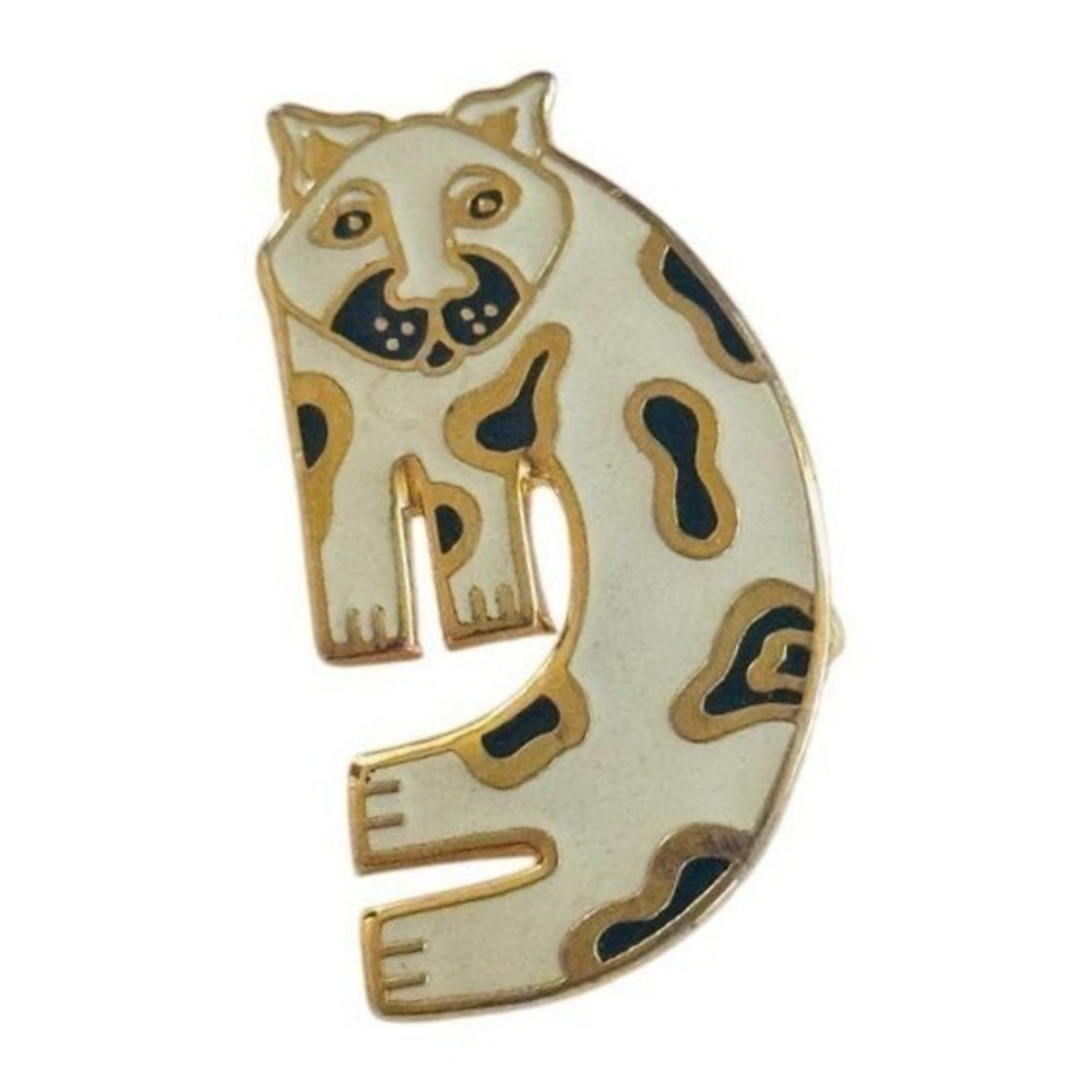 VTG Laurel Burch Snow Leopard Signed Brooch Pin Gold‎ white Enamel Retro Estate